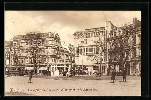 AK Liège, Carrefour du Boulevard d`Avroy et de la Sauvenière, Strassenbahn