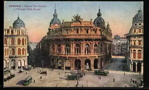 AK Genova, Piazza De-Ferrari e Palazzo della Borsa, Strassenbahn