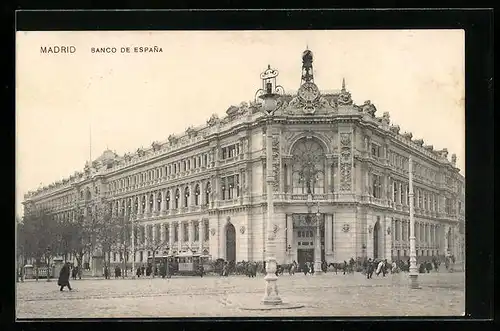 AK Madrid, Banco de Espana, Strassenbahn