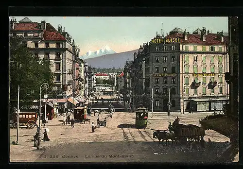 AK Genève, La rue du Mont-Blanc, Strassenpartie mit Strassenbahn