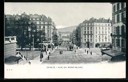 AK Geneve, Rue du Mont-Blanc, Strassenpartie mit Strassenbahn