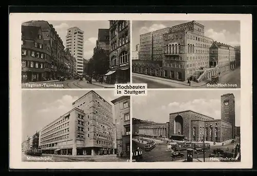 AK Stuttgart, Tagblatt-Turmhaus, Mittnachtbau und Hauptbahnhof mit Strassenbahnen