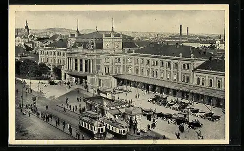 AK Brünn, Bahnhof mit Strassenbahn