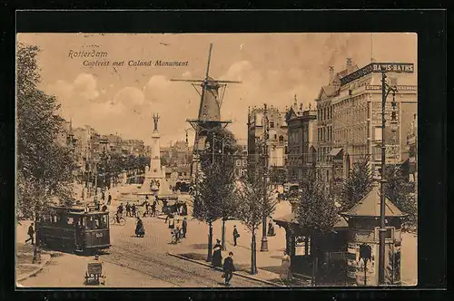 AK Rotterdam, Coolvest met Caland Monument, Windmühle, Strassenbahn