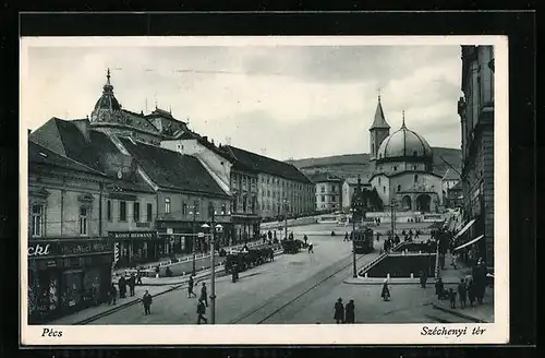 AK Pécs, Széchenyi tér, Strassenbahn