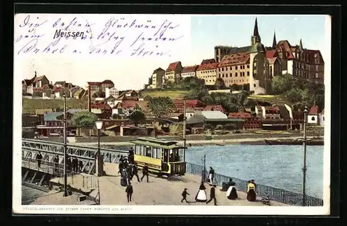 AK Meissen, Uferpartie mit Brücke und Strassenbahn