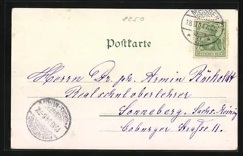 AK Meissen, Uferpartie mit Brücke und Strassenbahn