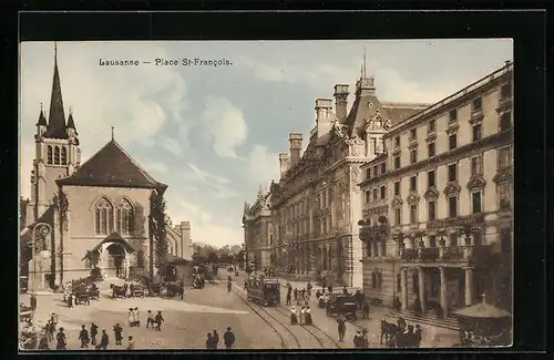 AK Lausanne, Place St-Francois, Strassenbahn