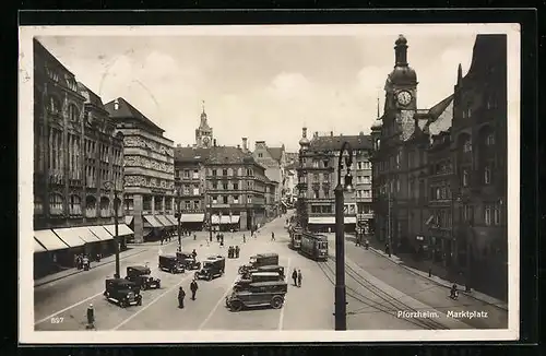 AK Pforzheim, Marktplatz mit Gschäften und Strassenbahn