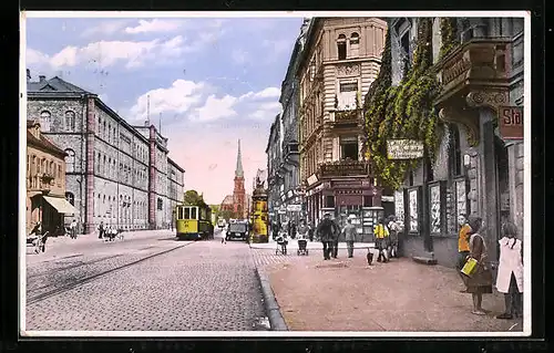 AK Karlsruhe, Technische Hochschule und Geschäfte in der Kaiserstrasse mit Strassenbahn