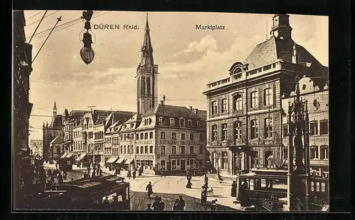 AK Düren /Rhld., Marktplatz mit Restaurant zum Ratskeller und Strassenbahn