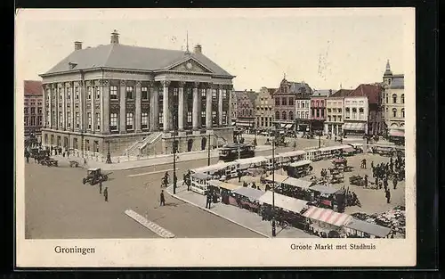 AK Groningen, Groote Markt met Stadhuis, Strassenbahn