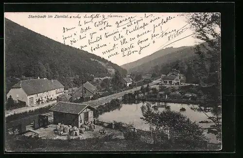 AK Stambach im Zorntal, Ortsansicht mit Bahnschienen