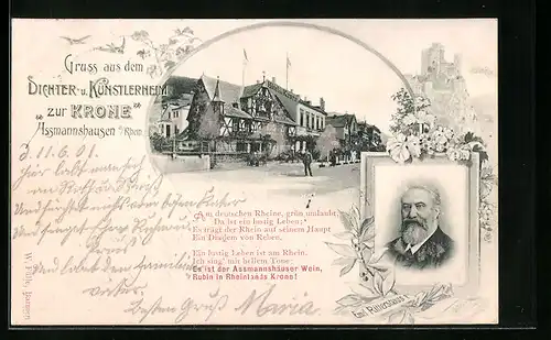 AK Assmannshausen /Rh., Dichter- u- Künstlerheim / Hotel zur Krone, Emil Rittershaus