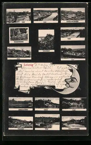 AK Leisnig, Schloss, Panorama, Heimatsbrunnen