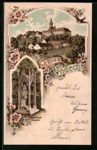 Lithographie Andechs, Ortsansicht, St. Elisabeth-Brunnen