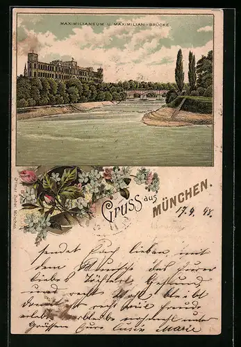 Lithographie München, Maximilianeum und Maximilian-Brücke