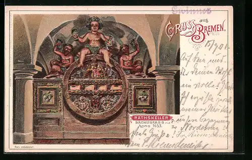 Lithographie Bremen, Ratskeller, Bachusfass