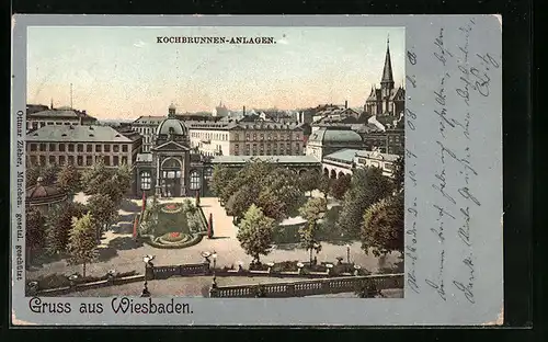 AK Wiesbaden, Kochbrunnen-Anlagen aus der Vogelschau