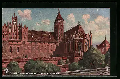 Künstler-AK Marienburg, Blick auf das Hochschloss und die Schlosskirche