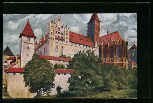Künstler-AK Marienburg, an der Schlossmauer mit Blick zur Schlosskirche