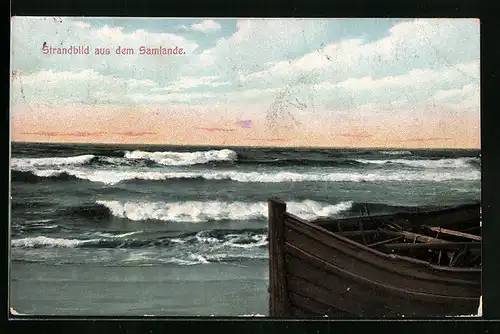 AK Samland, kleines Boot am Strand mit Blick aufs Meer