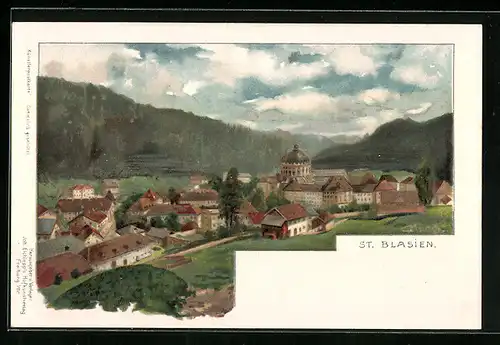 Künstler-AK St. Blasien, Blick auf das Kloster und die Ortschaft