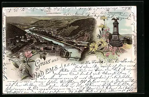 Lithographie Bad Ems, Stadttotale Lahnaufwärts, das Kriegerdenkmal