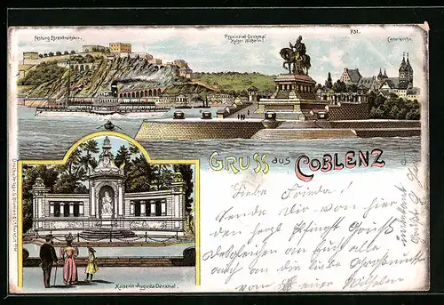 Lithographie Coblenz, Festung Ehrenbreitenstein, Kaiserin Augusta-Denkmal, Castorkirche, Provinzial-Denkmal
