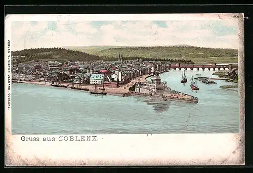 Lithographie Coblenz, Stadttotale mit dem Hafen und das Deutsche Eck