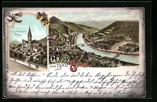 Lithographie Bad Ems, Stadttotale mit der Lahn, an der Kaiser Wilhelm Kirche