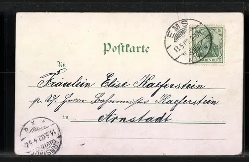 Lithographie Bad Ems, Stadttotale mit der Lahn, an der Kaiser Wilhelm Kirche