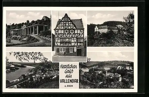 AK Vallendar a. Rhein, Generalansicht der Stadt, Blick zum Schloss, altes Gasthaus