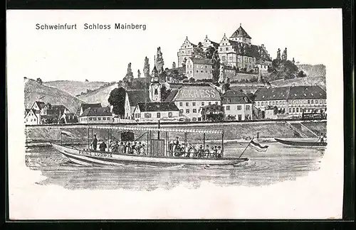 Künstler-AK Schweinfurt, Ausflugsboot Prinz Ludwig mit Blick zum Schloss Mainberg