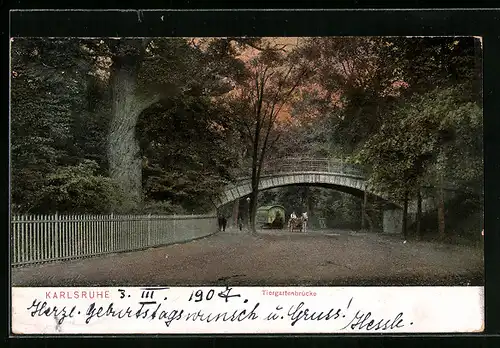AK Karlsruhe, Pferdekutsche unter der Tiergartenbrücke
