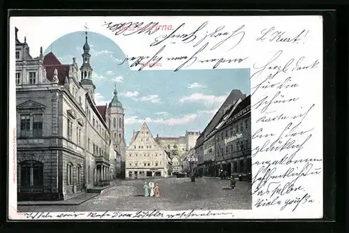Lithographie Pirna, Damen auf dem Marktplatz vor dem Rathaus