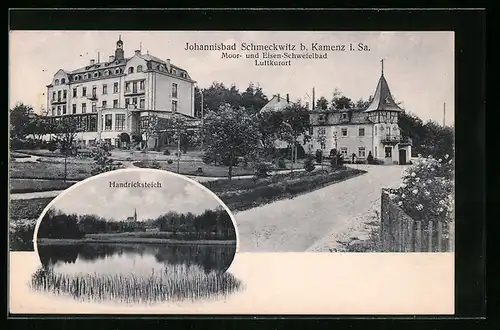 AK Johannisbad Schmeckwitz b. Kamenz i. Sa., Anlagen vor dem Moor- und Eisen-Schwefelbad, Uferpartie am Handricksteich