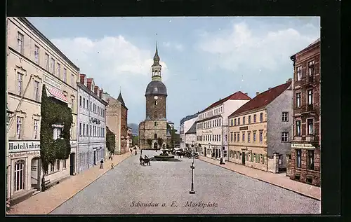 AK Schandau a. E., das Hotel Anker am Marktplatz, Blick auf den Turm