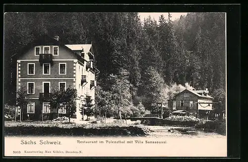 AK Polenztal i. Sächs. Schweiz, vor dem Restaurant mit der Villa Sanssoussi