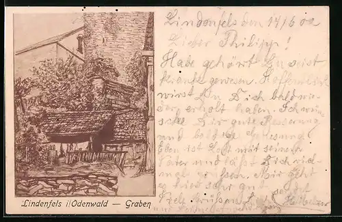 Künstler-AK Lindenfels im Odenwald, Partie am Graben