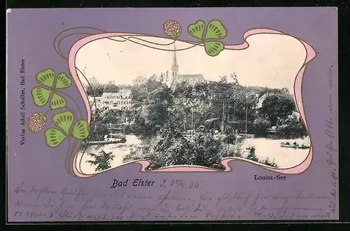 AK Bad Elster, am Ufer des Louisa-See, Blick zur Kirche