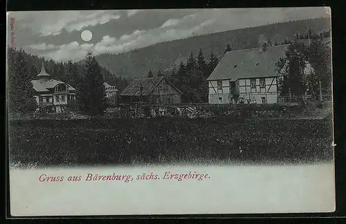 Mondschein-AK Bärenburg im Sächs. Erzgebirge, an einem alten Gehöft im Tal