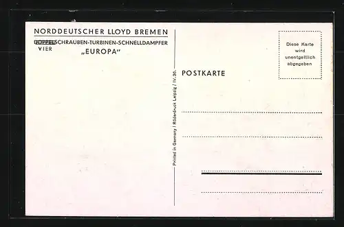 Künstler-AK Norddeutscher Lloyd Bremen, der Doppelschrauben-Turbinen-Schnelldampfer Europa