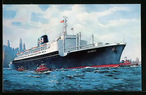 Künstler-AK American Banner Lines, Inc., das Passagierschiff S. S. Atlantic im Hafen vor der Skyline