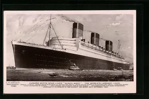 AK Cunard White Star Lines, das Passagierschiff Queen Mary von kleinen Schiffen begleitet