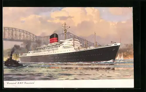 Künstler-AK Cunard White Star Line, das Passagierschiff R.M.S. Saxonia unter einer Eisernen Brücke