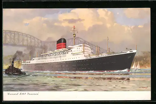 Künstler-AK Cunard White Star Line, das Passagierschiff R.M.S. Saxonia passiert eine stählerne Brücke