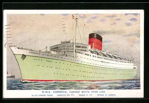 Künstler-AK Cunard White Star Line, das Passagierschiff R.M.S. Caronia in grüner Farbe gestrichen