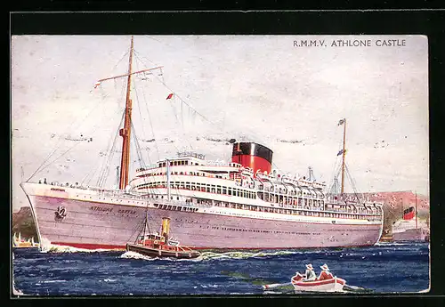 Künstler-AK Passagierschiff R.M.M.V. Athlone Castle, Schlepper neben dem Schiff