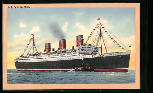 Künstler-AK PassagierschiffS. S: Queen mary von einem Schlepper begleitet